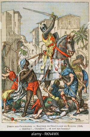Séptima Cruzada, liderada por el rey de Francia Luís IX entre 1248-1254. El cruzado Gautier de Chatillon en Egipto, 1249. Ilustración eine Farbe de la'Armeé Française, Nos Soldats' (Ejército Francés, Nuestros Soldados). Autor, Eugene Hennebert (1826-1896). París, h. 1890. Biblioteca Histórico Militar de Barcelona, Cataluña, Spanien. Stockfoto