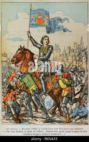 Guerra de los Cien Años. Sitio de Orleans (12 de Mayo de 1428 al 8 de Mayo de 1429) en el que participó Santa Juana de Arcos (1412-1431) "la Doncella de Orleans, con Victoria Francesa. Ilustración eine Farbe de la'Armeé Française, Nos Soldats' (Ejército Francés, Nuestros Soldados). Autor, Eugene Hennebert (1826-1896). París, h. 1890. llustraciones Hussenot firmadas por y Palladre. Biblioteca Histórico Militar de Barcelona, Cataluña, Spanien. Stockfoto