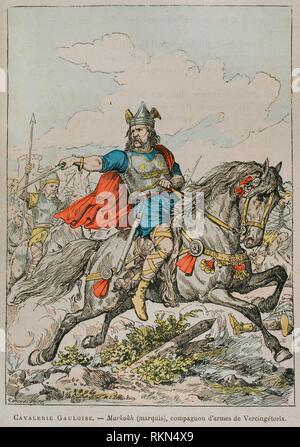 Guerra de Regla. Militar Conflicto entre las tropas dirigidas Romanas por Julio Cesar y las tribus Galas. Guerreros galos dirigidos por Markokh (Marquis), compañero de Armas de Vercingétorix. Ilustración eine Farbe de la'Armeé Française, Nos Soldats' (Ejército Francés, Nuestros Soldados). Autor, Eugene Hennebert (1826-1896). París, h. 1890. Hussenot Ilustrador, Joseph (1827-1896). Biblioteca Histórico Militar de Barcelona, Cataluña, Spanien. Stockfoto