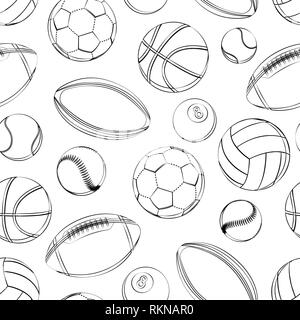 Sport Bälle nahtlose Muster. Fussball, Fußball, Tennis, Baseball, Basketball, Rugby, American Football, Volleyball outline Schwarz und Weiß Stock Vektor