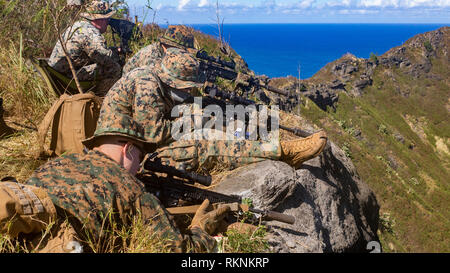 Us-Marines mit 2Nd Battalion, 3. Marine Regiment, 3rd Marine Division fire M 28 Designated Marksman Rifles an der Strecke auf der Marine Corps Base Hawaii, Kaneohe Bay, Feb 7, 2018. Die Marines waren die Ausbildung ihrer Fähigkeiten in großer Höhe schießen zu erhöhen. (U.S. Marine Corps Foto von Sgt. Ricky Gomez) Stockfoto