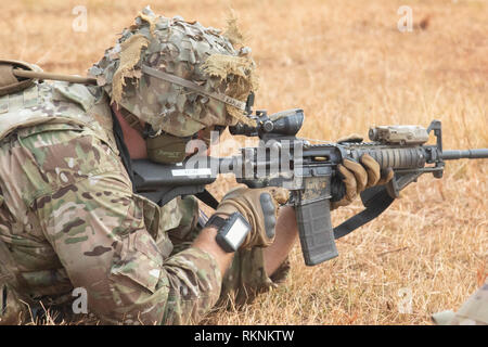 Ein Soldat mit 5 Bataillon, 20 Infanterie Regiment, Kollegen seine gunsight während einer Air Assault Training Mission Feb 5, 2019, Sa Kaeo Provinz, Thailand, als Teil von Hanuman Guardian. Übung Hanuman Guardian bietet eine Plattform für die USA und Thailand Armeen Interoperabilität und Erhöhung der Kapazitäten durch die Planung und Ausführung von komplexen kombinierte Task Force zur Vorauszahlung. (U.S. Armee Foto: Staff Sgt. Samuel Northrup) Stockfoto