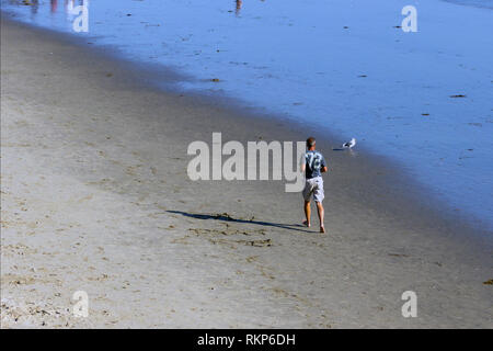 Blick auf einen Mann, der am Strand neben dem Santa Monica Pier in Kalifornien, USA, läuft. Fitness-Lifestyle-Konzept von oben in der Dämmerung. Stockfoto