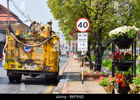 Städtische Arbeiter Bewässerung von Pflanzen, Chiang Mai, Thailand Stockfoto