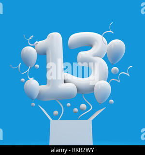 Glücklich 13. Geburtstag überraschung Ballon und Box. 3D-Rendering Stockfoto