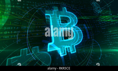 Bitcoin logo abstraktes Konzept. Cryptocurrency Bergbau Symbol auf digitalen Hintergrund 3D-Abbildung. Stockfoto