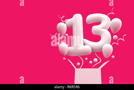 Glücklich 13. Geburtstag überraschung Ballon und Box. 3D-Rendering Stockfoto