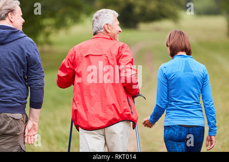 Gruppe von Senioren tun gesund Nordic Walking gemeinsam in der Natur Stockfoto