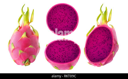 Isolierte Drachenfrucht. Sammlung von ganzen und geschnittenen roten Kühe pitahaya Früchte auf weißem Hintergrund mit Freistellungspfad isoliert Stockfoto