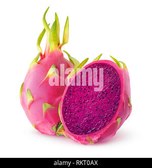 Isolierte Drachenfrucht. Cut rot fleshed pitahaya Obst auf weißem Hintergrund mit Freistellungspfad isoliert Stockfoto