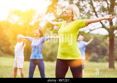 Gruppe von Senioren in Yoga in der Natur Stockfoto