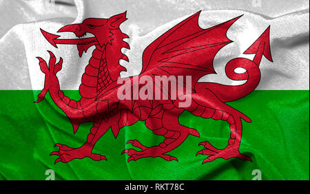 Realistische Flagge von Wales an den gewellten Oberfläche des Gewebes Stockfoto