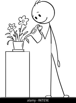 Cartoon Zeichnung des Menschen Bewässerung Pflanzen im Topf oder Blumentopf Stock Vektor