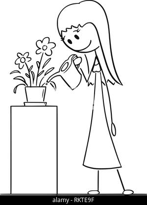 Cartoon Zeichnen von Frau Bewässerung Pflanzen im Topf oder Blumentopf Stock Vektor