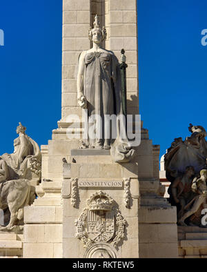 Spanien, Andalusien, Cadiz. Denkmal für 1812 Verfassung. Es wurde in 1912, entworfen von Architekt Modesto Lopez Otero (1885-1962) und Bildhauer Aniceto Marinas (1866-1953). Detail. Spanien Square. Stockfoto