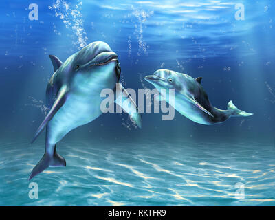 Zwei Delphine glücklich im Meer schwimmen. Digitale Illustration Stockfoto