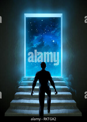 Man Klettern eine Treppe, die zu einer Tür führt, über das Universum. Digitale Illustration. Stockfoto