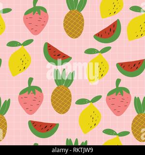 Nahtlose patern von Hand gezeichnet Sommer Früchte auf dem rosa Hintergrund. Vector Illustration. Stock Vektor