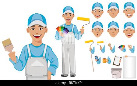 Maler Mann. Dekorateur cartoon Charakter. Pack von Teilen des Körpers, der Gefühle und Dinge. Ihr eigenes Design erstellen. Vector Illustration auf weißem Hintergrund. Stock Vektor