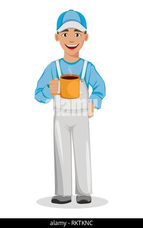 Maler Mann hält große Tasse Kaffee. Dekorateur cartoon Charakter. Vector Illustration auf weißem Hintergrund. Stock Vektor