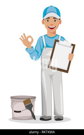 Maler Mann stand in der Nähe von bucker und Halten der Zwischenablage. Dekorateur cartoon Charakter. Vector Illustration auf weißem Hintergrund. Stock Vektor