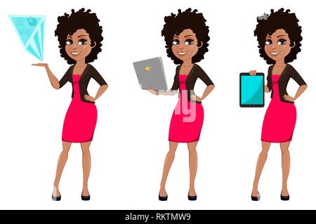 Junge afrikanische amerikanische Geschäftsfrau in Freizeitkleidung, der drei Posen. Zeichentrickfigur Geschäftsfrau, Hologramm, Laptop und Halten Stock Vektor