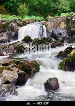 Ein Blick auf die schnell fließenden Cenarth fällt in Carmarthenshire, South Wales. Stockfoto