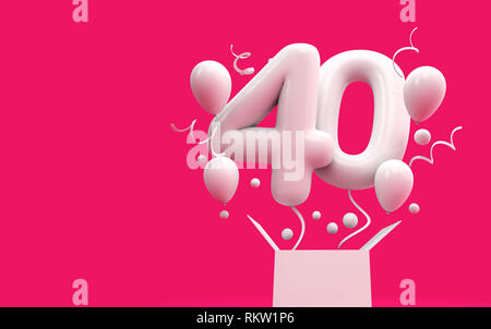 Glücklich 40. Geburtstag überraschung Ballon und Box. 3D-Rendering Stockfoto