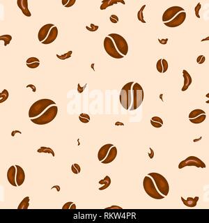 Nahtlose Hintergrund. Kaffeebohnen und Schokolade Partikel auf einem beigen Hintergrund. Zusammenfassung Hintergrund der Kaffeebohnen Schokolade und Chips. Stock Vektor