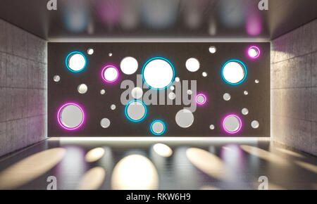 Kreis windows in konkreten indoor mit neon Lights 3D Rendering image Stockfoto