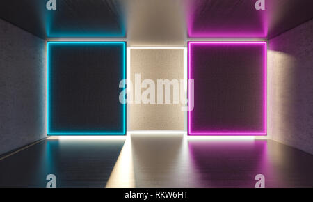 Konkrete Innen- und Neon 3D Rendering Bild Licht Stockfoto
