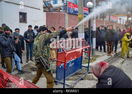 Februar 12, 2019 - Srinagar, Jammu und Kashmir - Jammu und Kaschmir Polizeibehörden der Mitgliedstaaten gesehen sprühen Pfefferspray NHM-Mitarbeiter während des Protestes in Srinagar. NHM-Mitarbeiter (National Health Mission) auf, nahm einen Protestmarsch gegen die Regierung in Richtung der Raj Bhavan in Srinagar, zu zerstreuen. Die Mitarbeiter, die auf einem Streik seit der letzten dreißig Tage sind anspruchsvolle Regularisierung in Stufen, gleicher Lohn für gleiche Arbeit und anderen Leistungen der sozialen Sicherheit. Schlagstoecke eingesetzt auf die Demonstranten, und viele von ihnen wurden festgenommen während des Protestes. (Bild: © idrees Abbas/SOPA Bilder vi. Stockfoto