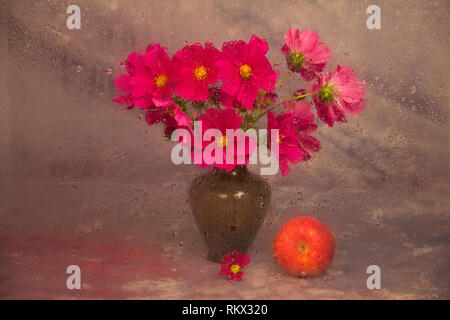 Vase mit Kosmos in lila Tönen. Stockfoto
