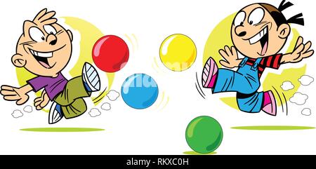 Die Abbildung zeigt ein Junge und ein Mädchen in freudiger Emotionen, die aktiv spielen mit farbigen Kugeln. Abbildung im Cartoon Stil Stock Vektor