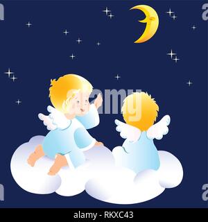 Süße kleine Engel auf Wolken. Sie betrachten den Nachthimmel und hin zum Mond. Abbildung auf separaten Ebenen getan. Stock Vektor