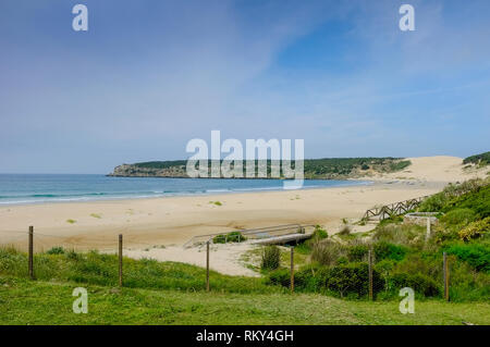 Ein Blick auf die einsamen Strand und Dünen an der Bucht von Bolonia an der Costa de la Luz, Andalusien, Spanien Stockfoto