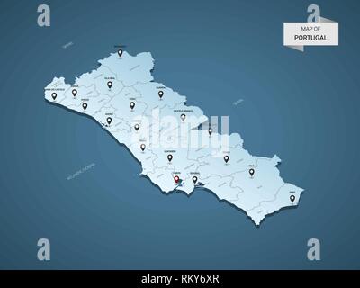 Isometrische 3D-Portugal Landkarte, Vector Illustration mit Städten, Ländergrenzen, Kapital, administrative divisions und Zeiger markiert; Gradient blauen Hintergrund. Stock Vektor