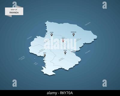 Isometrische 3D-Ruanda Karte, Vector Illustration mit Städten, Ländergrenzen, Kapital, administrative divisions und Zeiger markiert; Gradient blauen Hintergrund. Co Stock Vektor