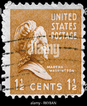 USA - ca. 1938: einen Stempel in den USA gedruckten zeigt das Portrait einer Martha Washington (1731-1802), Serie, ca. 1938 Stockfoto