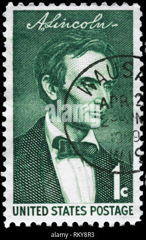 USA - ca. 1959: einen Stempel in den USA gedruckten zeigt das Portrait einer Abraham Lincoln (1809-1865), George Healy, Serie, ca. 1959 Stockfoto