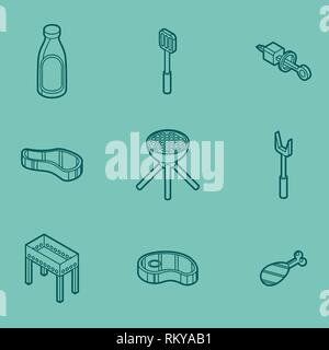 BBQ Farbe Umrisse isometrische Symbole. Barbecue Flyer. Grill Werbung. Vector Illustration, EPS 10. Stock Vektor