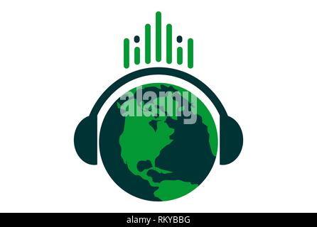 Musik Welt Headset Kopfhörer hören logo Symbol vektor Konzept Design Stockfoto