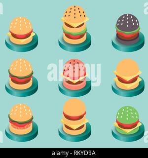 Burger Farbe isometrische Symbole. Fast food Design Icons einstellen. Stock Vektor