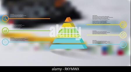 3D-Illustration Infografik Vorlage. Die geprägte Dreieck ist in sechs Teile gegliedert. Objekt ist auf verschwommenes Foto Hintergrund angeordnet. Farbe Linien Stock Vektor