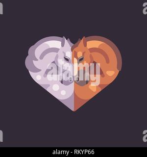 Zwei romantische Pferde in der Form eines Herzens. Valentinstag flachbild Abbildung. Stock Vektor