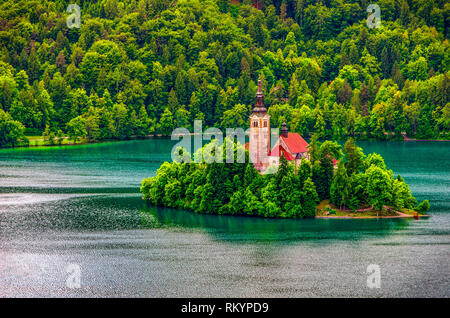 Der See Bled Kirche Insel Antenne Hintergrund - Slowenien Stockfoto