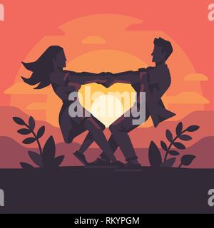 Silhouette einer romantische junge Paar Hände halten und drehen, die Form eines Herzens in den Sonnenuntergang Stock Vektor