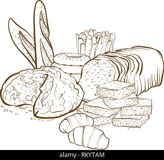 Bäckerei Zusammensetzung von Brot, Hand-Vector gezeichnet Abbildung Stock Vektor