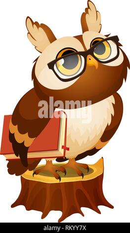 Kluge Eule mit einem Buch steht auf einem Baumstumpf auf weißem Hintergrund. Vektor cartoon Close-up Abbildung. Stock Vektor