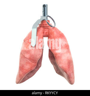 Schmerzen in der Lunge, Lungen Krankheit Konzept. Die menschliche Lunge als handgranate. 3D-Rendering auf weißem Hintergrund Stockfoto